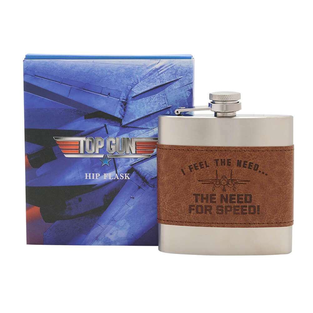 Top Gun Metal Hip Flask 6oz with Brown Leather Covering