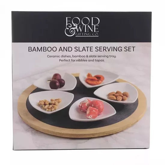 Set of 5 Ceramic Dishes with Round Slate Tray by Food & Wine