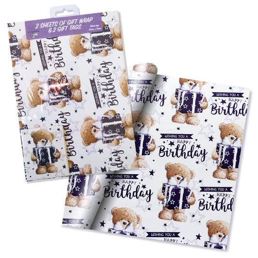 Folded Gift Wrap with Tags - Blue Birthday Bear with Present