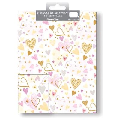 Folded Gift Wrap with Tags - Hearts Pink and Gold