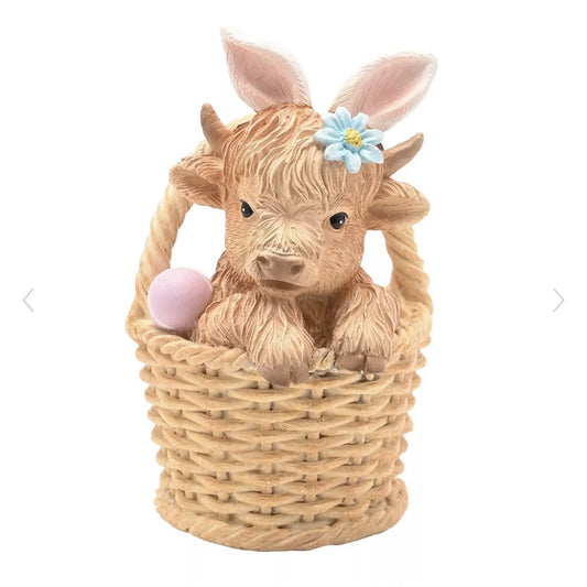 Easter Highland Cow in Basket Figurine