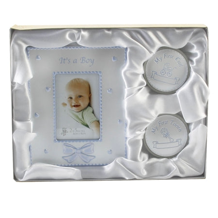 Baby Boy Gift Set Photo Frame, Tooth/Curl Pots